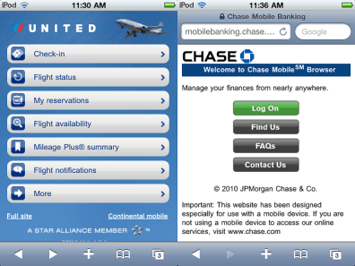 United Airlines and Chase Bank mobile sites