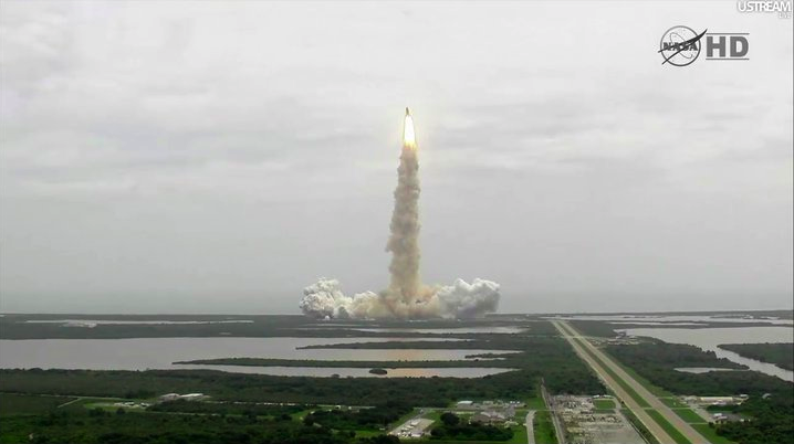 Screenshot of space shuttle launch from NASA TV