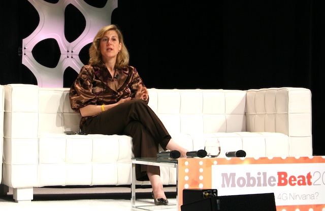 Google's vice president for commerce Stephanie Tilenius, onstage at MobileBeat 2011.