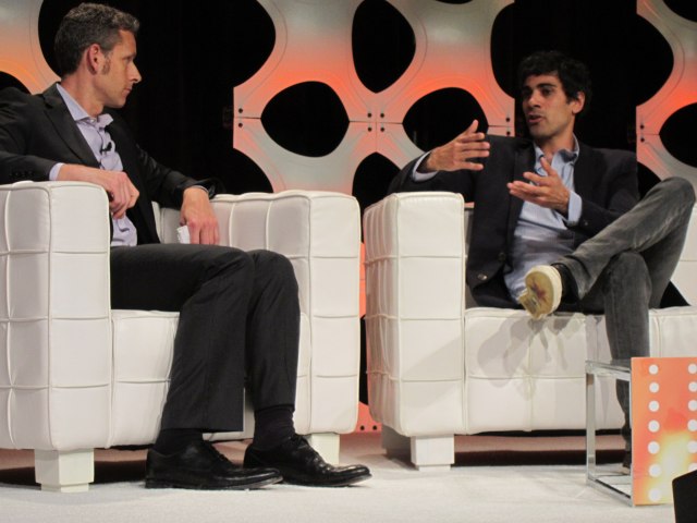 Yelp founder Jeremy Stoppelman (right) speaks with VentureBeat's Matt Marshall.