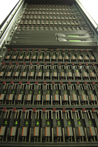 Photo of a tower of disk drives in racks