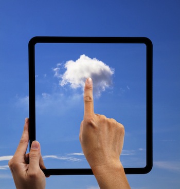 Hand pointing at a cloud in a virtual tablet