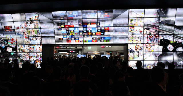 Wall of TVs at the LG booth at CES 2012