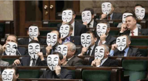 members of parliament in Poland don Guy Fawkes masks to protest ACTA