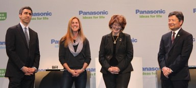 Olympic athlete Brandi Chastain onstage with NBC Universal and Panasonic executives