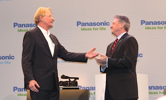 TV personality Ed Begley Jr. onstage with Pansonic CEO Joseph M. Taylor