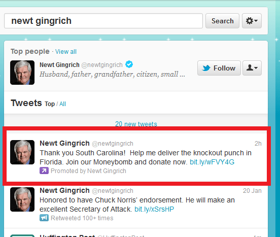 Newt Gingrich uses promoted tweets after winning the South Carolina primary.