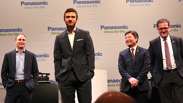 Justin Timberlake onstage with Panasonic and Myspace executives