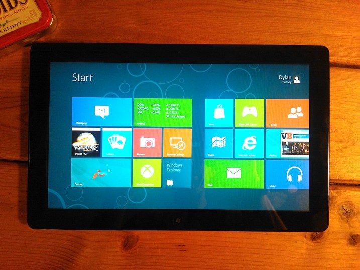 Photo of a Windows 8 tablet showing the Start screen
