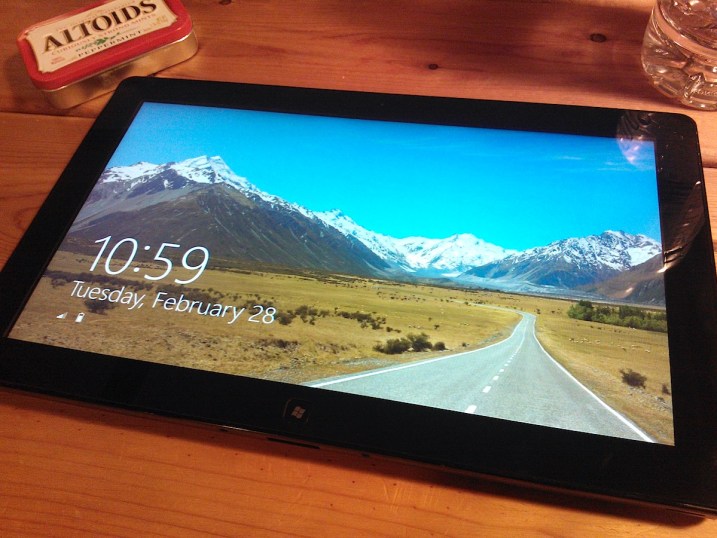 Photo of a Windows 8 tablet showing the boot screen