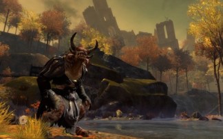 A Charr character patrols the countryside outside the Black Citadel in Guild Wars 2.