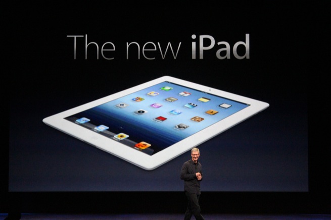 Apple CEO Tim Cook unveils the new iPad at an event in San Francisco, March 7, 2012.