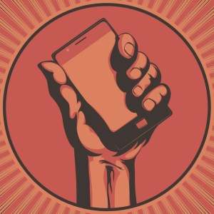 Graphic image showing a hand holding a smartphone.