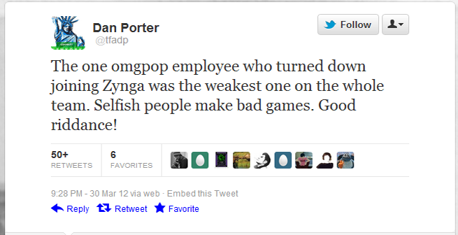 OMGPOP CEO Dan Porter tweets that his former employee is a failure