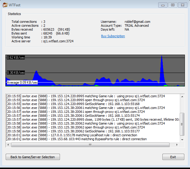 WTFast Statistics window