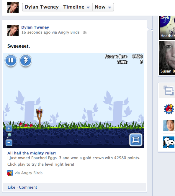 Angry Birds embedded in the Facebook timeline