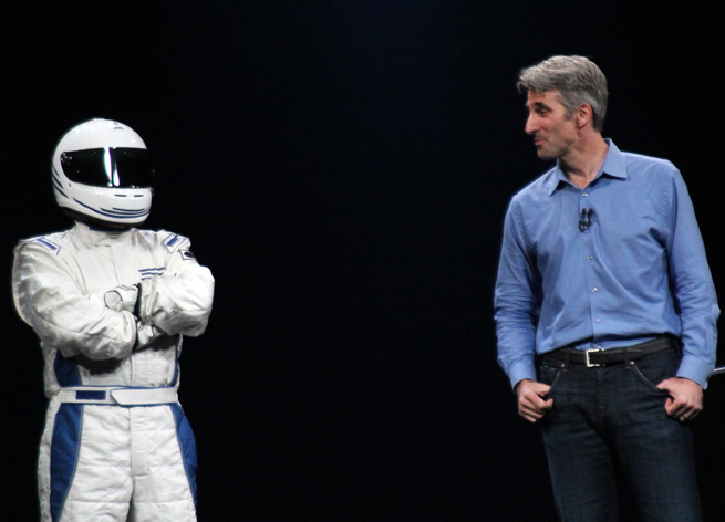 Racer OS X and Apple's Craig Federighi onstage at WWDC 2012.