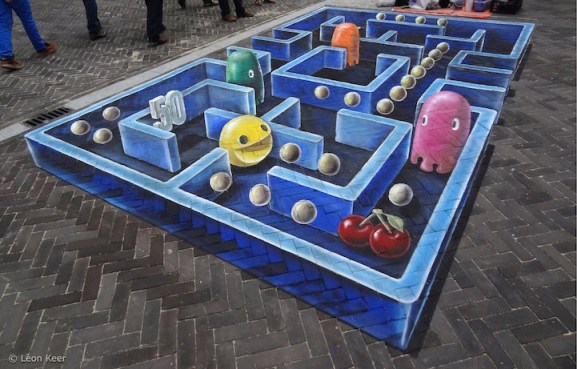 3D Pac-Man chalk art