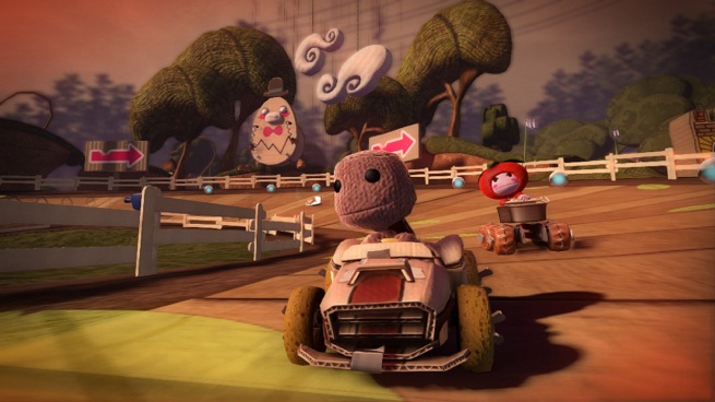 Sackboy keeps his lead on a colorful track within LittleBigPlanet Karting