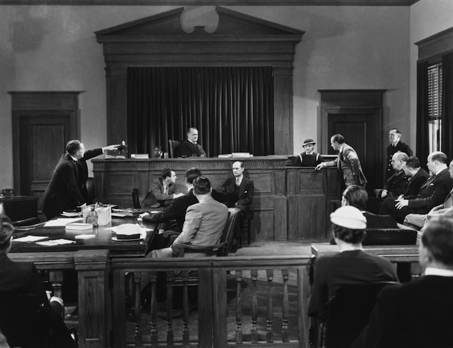 Black and white courtroom scene