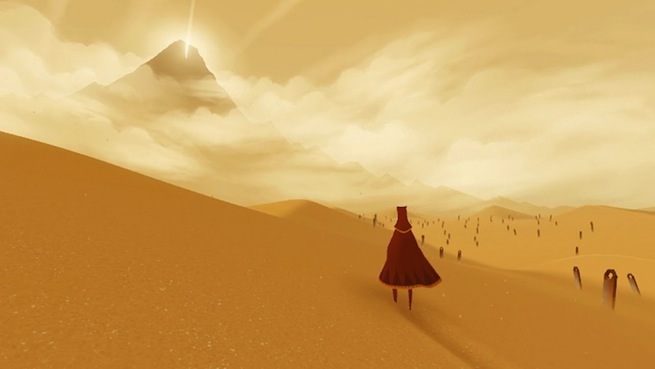 A lone avatar on a wide stretch of sand, mountain peak in the distance