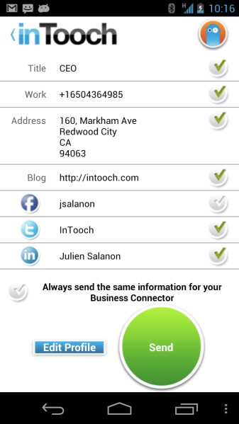 InTooch screenshot showing which info you want to share