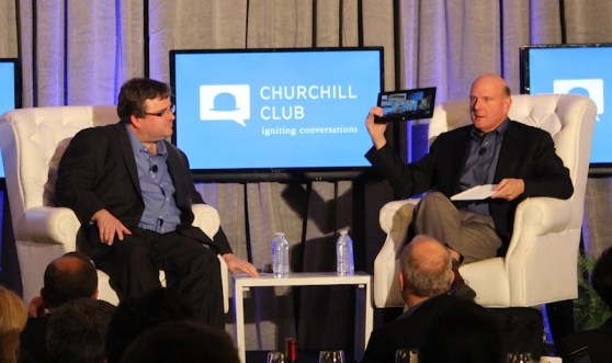 Reid Hoffman and Steve Ballmer onstage at the Churchill Club event
