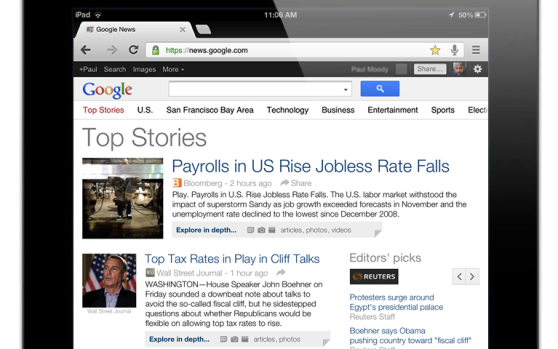 Google News has a new, tablet-friendly layout, shown here on the iPad