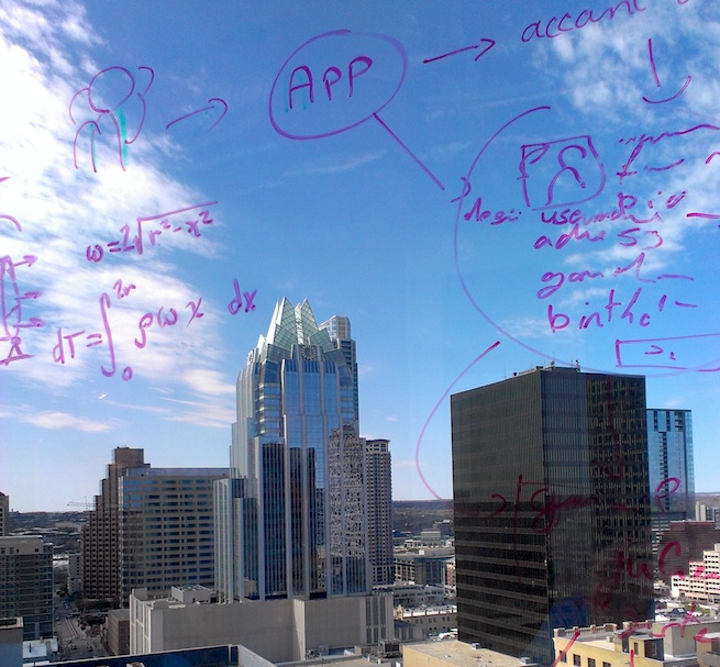 Developer diagrams on a window at the Capital Factory