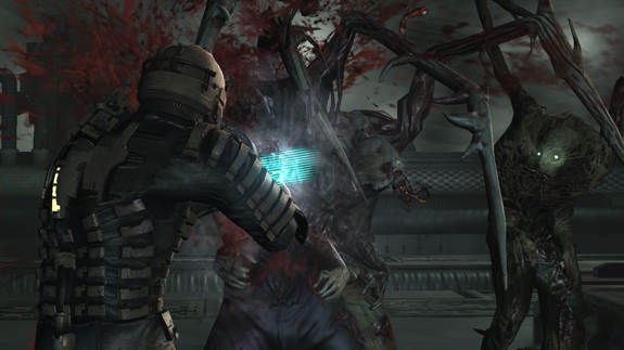 Issac cutting down a horde of necromorphs in Dead Space.
