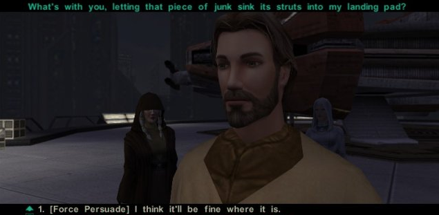 Star Wars: Knights of the Old Republic II - The Sith Lords picture of the Exile on Nar Shaddaa arguing with a Toydarian landing pad-owner.