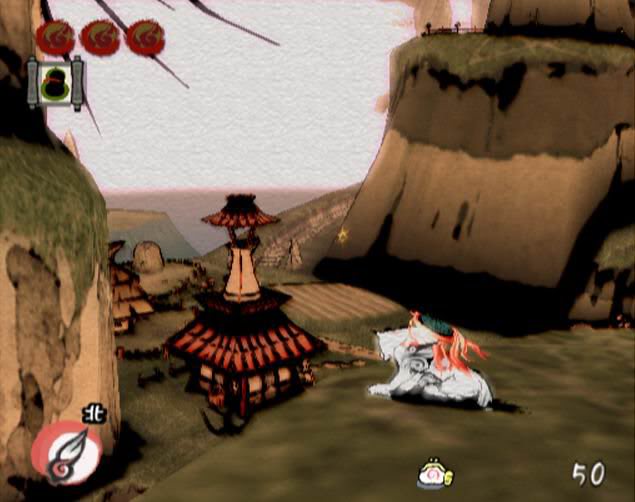 Amaterasu looks down at the watercolor landscape