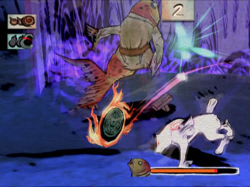 Amaterasu chops a fish demon in half