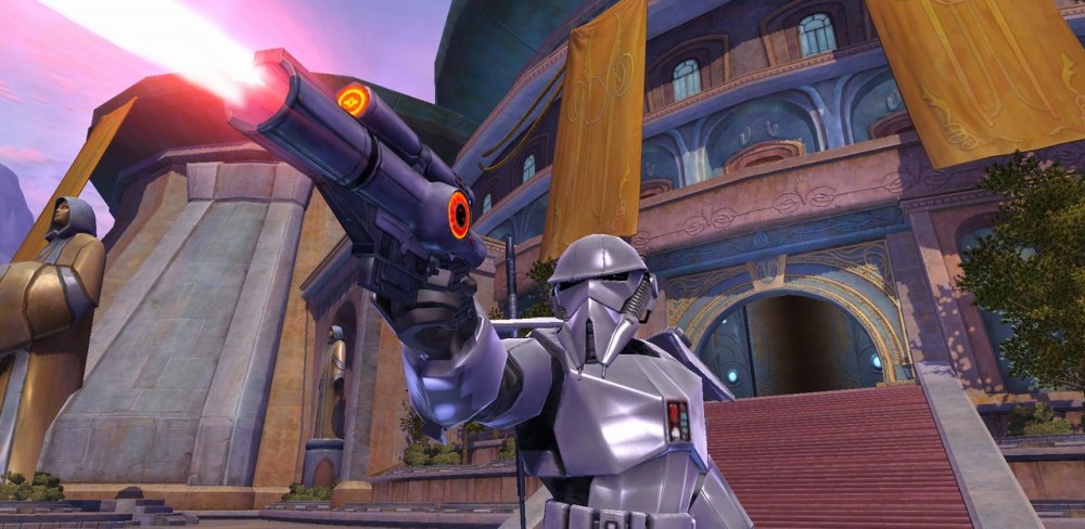 A trooper firing a blaster in Star Wars: The Old Republic.