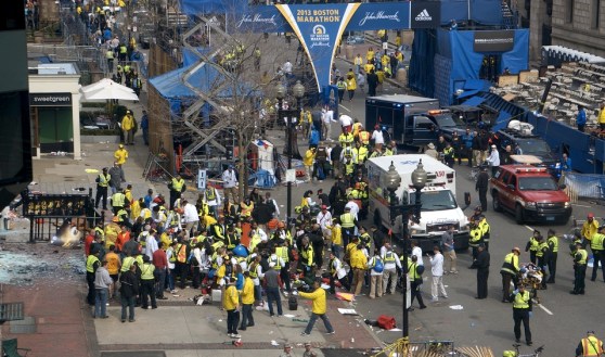 Photo of Boston Marathon with first responders after the explosions