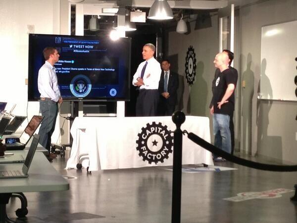Mass Relevance CTO Eric Falcao presenting to President Obama during his recent trip to Austin.