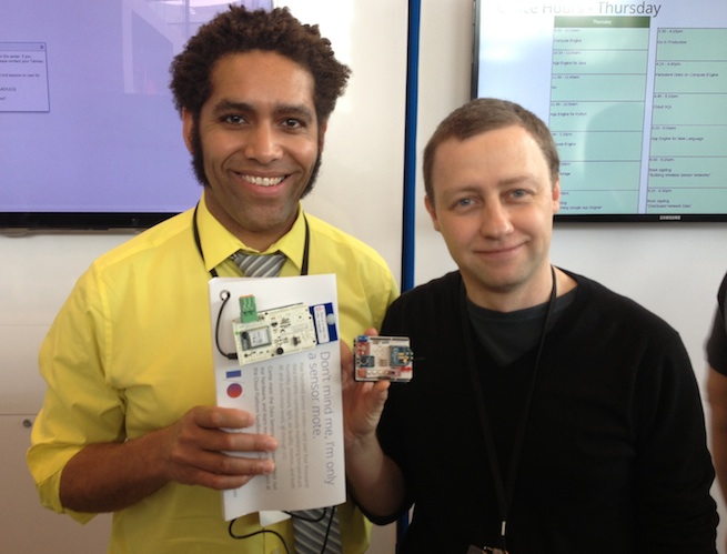 Kipp Bradford and Alasdair Allan with data-sensing motes used at Google I/O