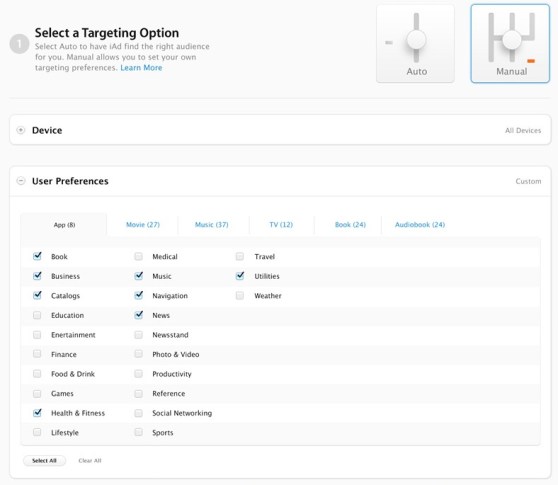 Targeting options in Apple's new iAd Workbench. Note that iOS 7 notwithstanding, skeuomorphism is alive and well at Apple.