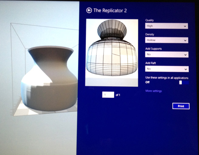 A 3D printing app for Windows 8.1 connected to a MakerBot Replicator