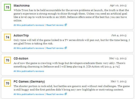 Some snippets of Defiance reviews on Metacritic.