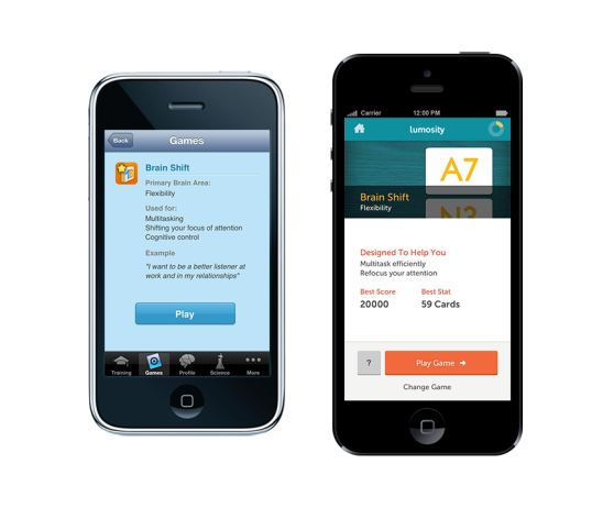 Lumosity's iPhone apps before and after (L-R) the relaunch