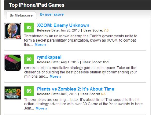The top three iOS games on Metacritic for the last 90 days.