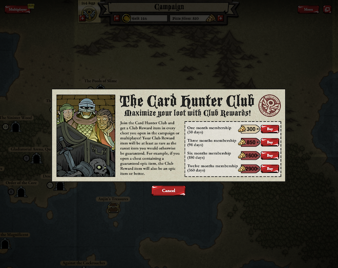 Want to join The Card Hunter Club? It's gonna cost you some pizza. (That's the in-game currency you can buy.)