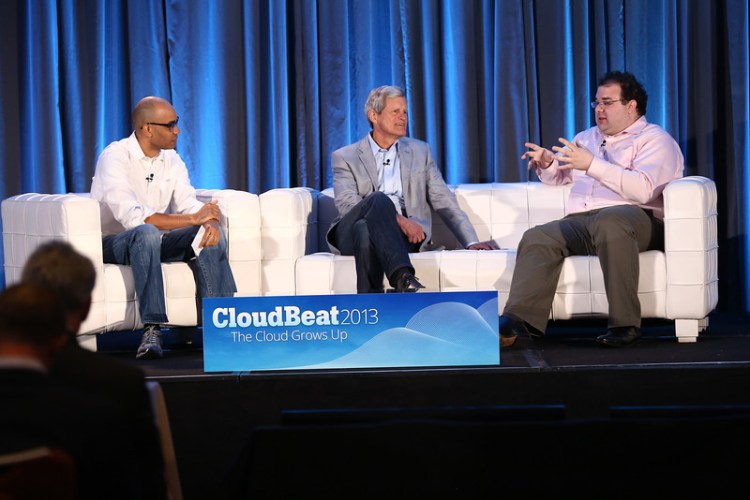 Sam Charrington, John Dillon of Engine Yard, and Michael Smith of Canvas, onstage at CloudBeat 2013.