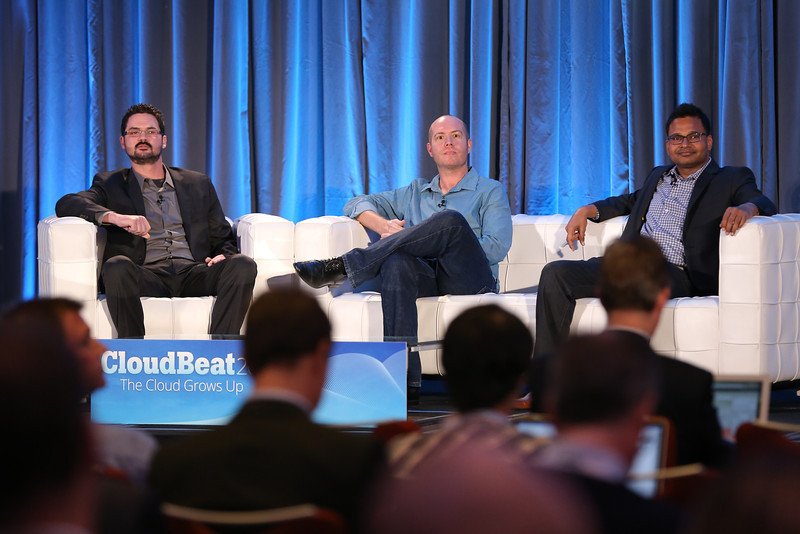 Joe Onisick of Define the Cloud, John Martin of Edmunds.com, and Jyoti Bansal of AppDynamics, onstage at CloudBeat 2013.