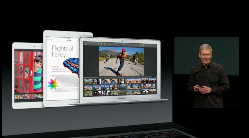 Tim Cook shows off the new iWork and iLife apps at Apple's media event Tuesday