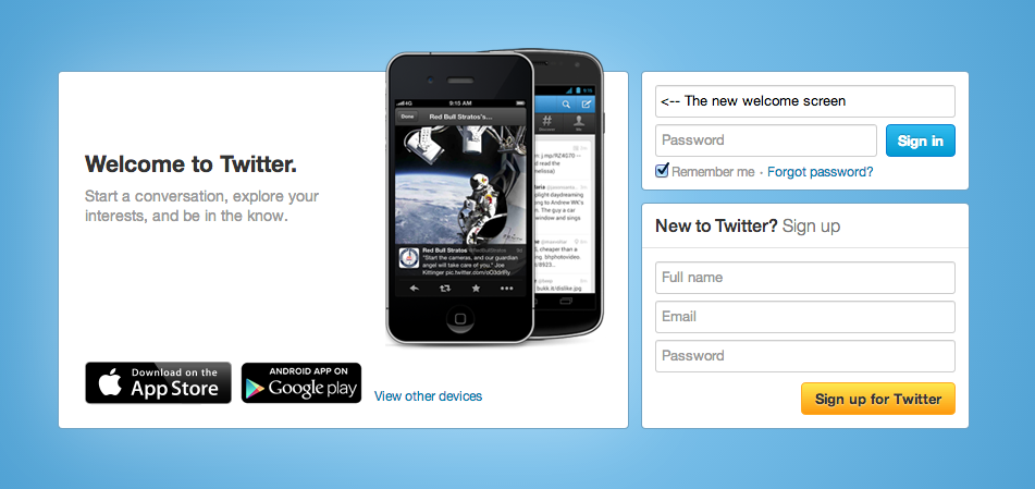 Twitter's new welcome page puts the spotlight on mobile, the primary driver of revenue for the company