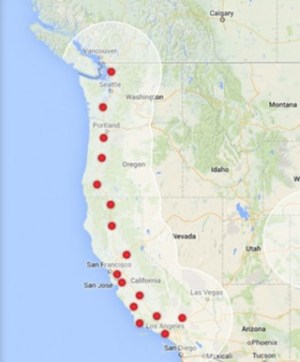 Tesla's supercharger network covers the entire West Coast.