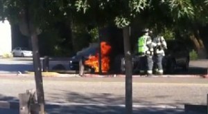 A Fisker Karma on fire in Woodside, Calif.