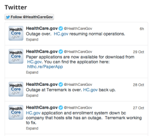 @Healthcaregov is the insurance exchange's official Twitter feed -- and it's dominated by notices of outages